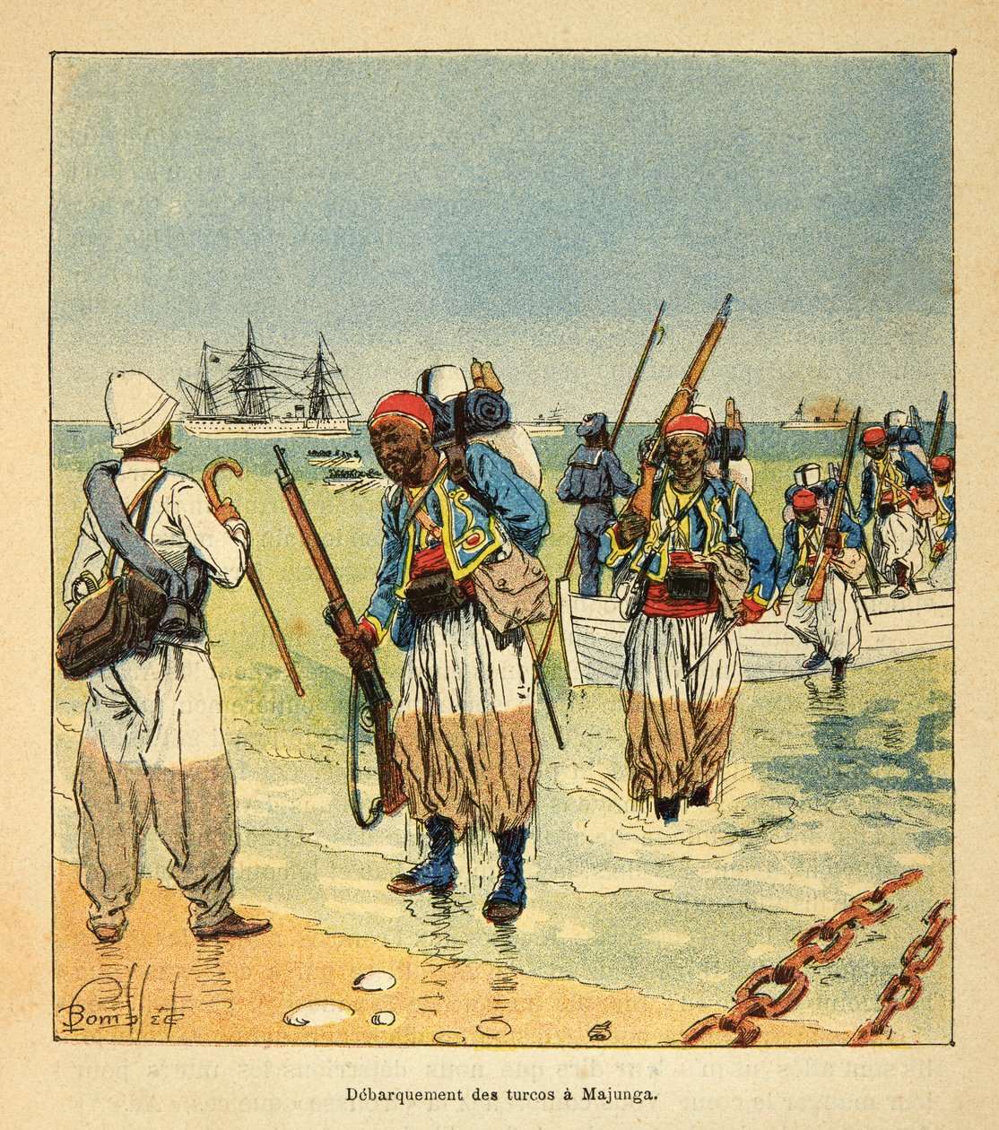 Madagaskarin sota - Henri Galli dit Galllichetin (1854-1922) ranskalaisten tutkimusretkien anekdoottinen historia, kuvittaja Louis Bombled (1862-1927): Debarquement des Turcos a Majunga, yksityinen kokoelma tekijältä Louis Charles Bombled
