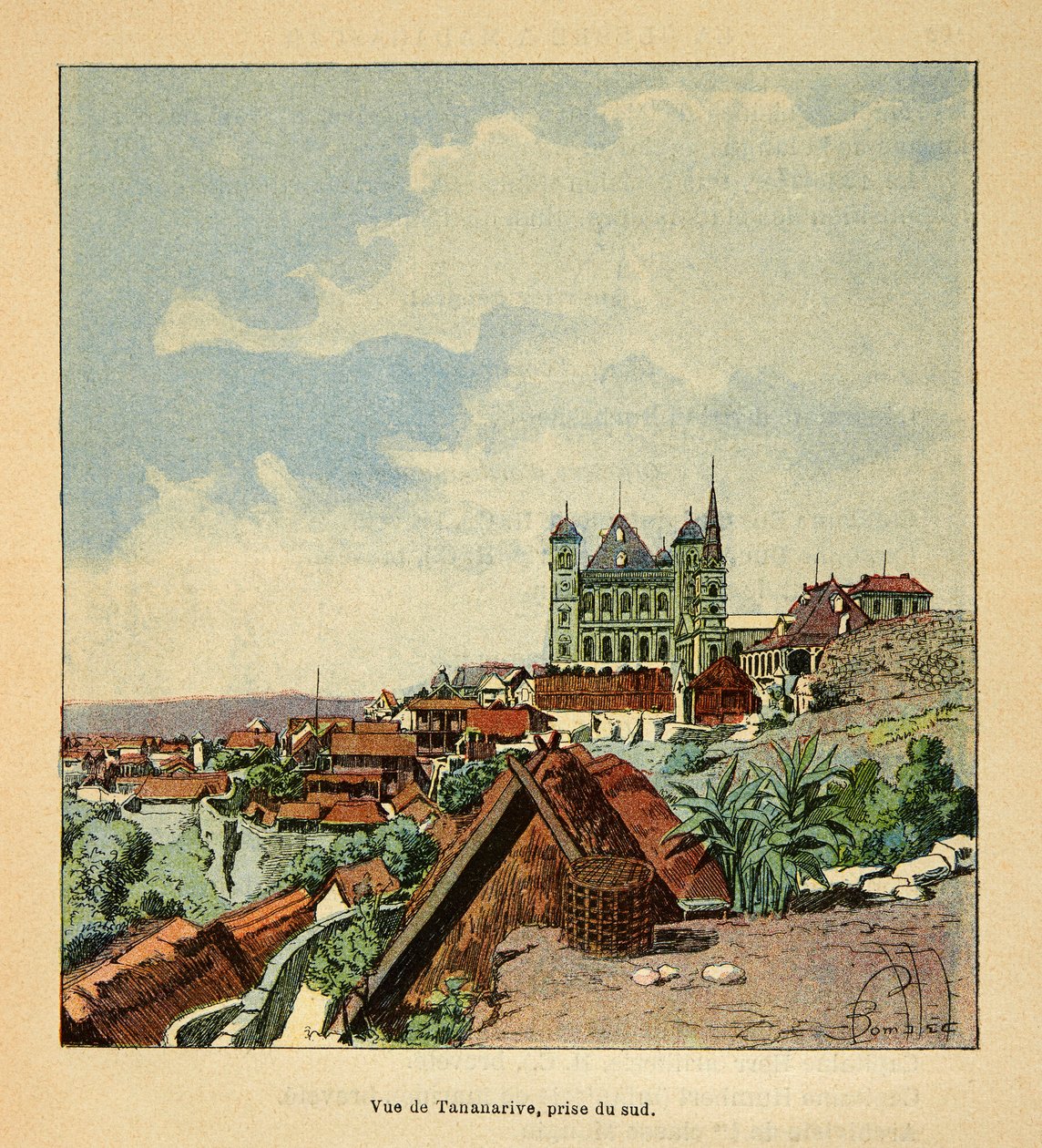 Madagaskarin sota - Henri Galli dit Galllichetin (1854-1922) ranskalaisten tutkimusretkien anekdoottinen historia, kuvittanut Louis Bombled (1862-1927): Näkymä Tananariven etelästä 1800-luvulla, yksityinen kokoelma tekijältä Louis Charles Bombled