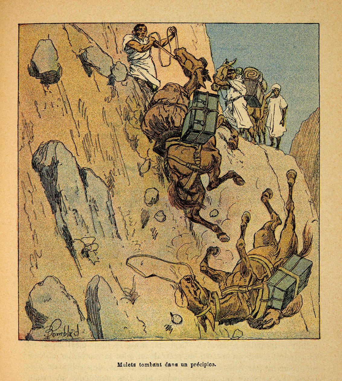 Madagaskarin sota - Henri Galli dit Galllichetin (1854-1922) ranskalaisten tutkimusretkien anekdoottinen historia, kuvittanut Louis Bombled (1862-1927): Sotilassaattueen muletit putoamassa jyrkänteeseen, Erityinen kokoelma tekijältä Louis Charles Bombled