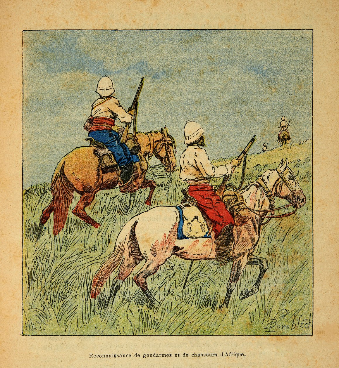Madagaskarin sota - Henri Galli dit Galllichetin (1854-1922) ranskalaisten tutkimusmatkojen anekdoottinen historia, kuvittanut Louis Bombled (1862-1927): Santarmien ja metsästäjien tunnustaminen Afrikasta Madagaskarilla vuonna 1895, yksityinen kokoelma tekijältä Louis Charles Bombled