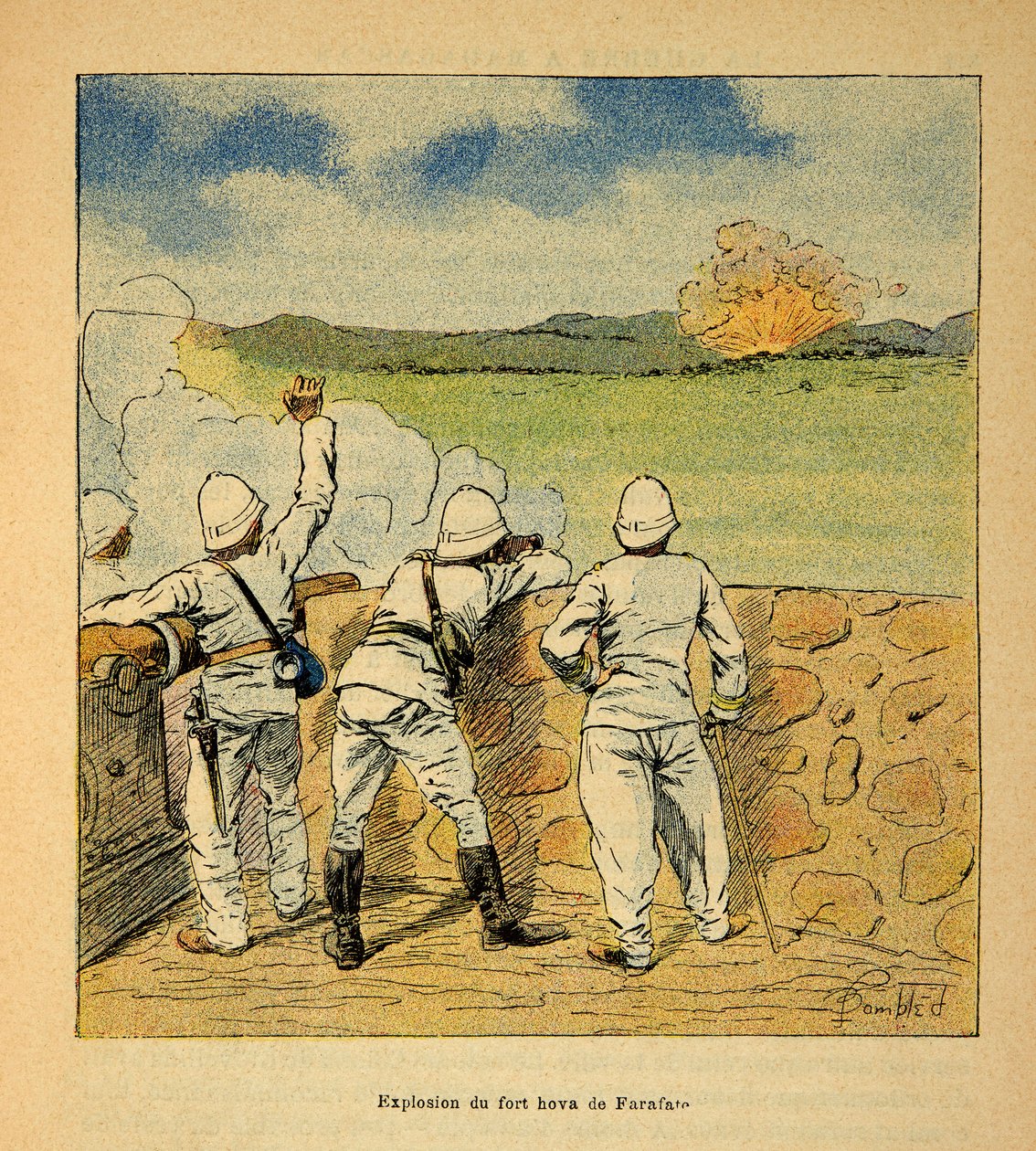 Madagaskarin sota - Henri Galli dit Galllichetin (1854-1922) ranskalaisten tutkimusretkien anekdoottinen historia, kuvittanut Louis Bombled (1862-1927): Hovan linnoituksen räjähdys Farafatessa vuonna 1895, yksityinen kokoelma tekijältä Louis Charles Bombled