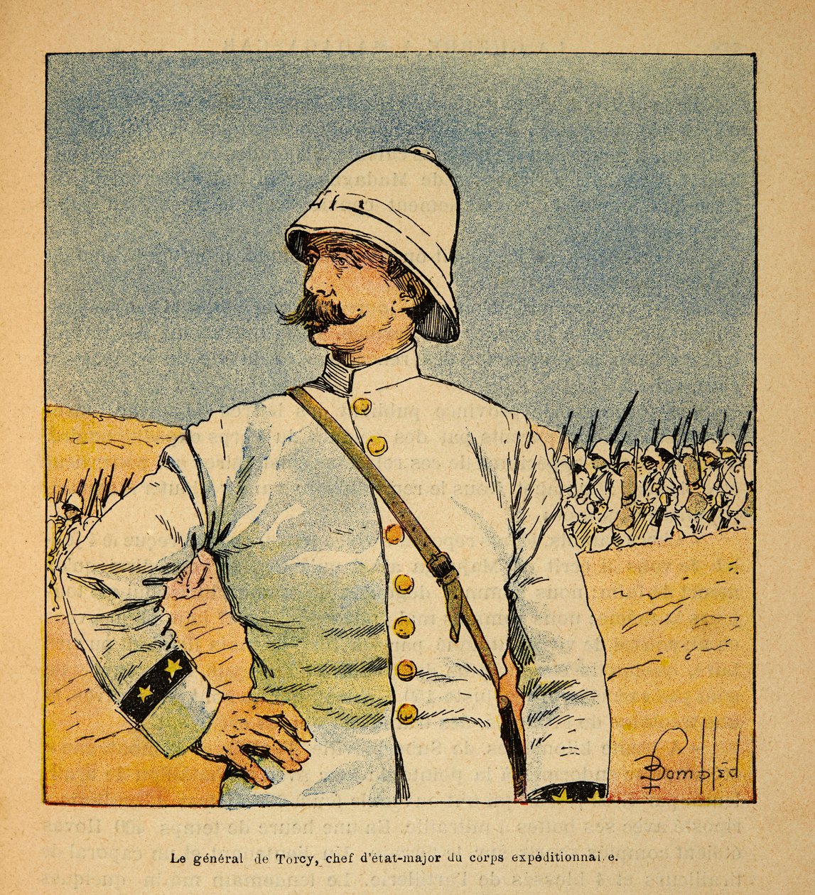 Madagaskarin sota - Henri Galli dit Galllichetin (1854-1922) ranskalaisten tutkimusretkien anekdoottinen historia, kuvittanut Louis Bombled (1862-1927): Esikuntapäällikön kenraali De Torcyn (1844-1918) muotokuva Expeditionary Force Madagissa tekijältä Louis Charles Bombled