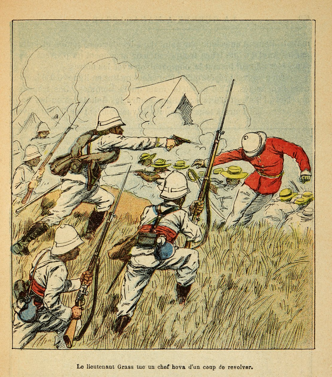 Madagaskarin sota - Henri Galli dit Galllichetin (1854-1922) ranskalaisten tutkimusretkien anekdoottinen historia vuosina 1885-1895, kuvittanut Louis Bombled (1862-1927): Yksityiskokoelma tekijältä Louis Charles Bombled