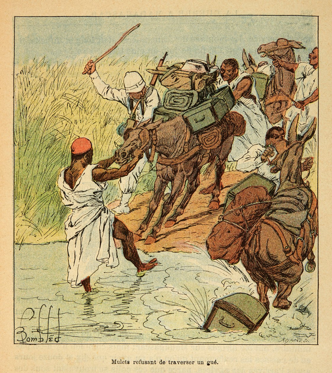 Madagaskarin sota - Henri Galli dit Galllichetin (1854-1922) ranskalaisten tutkimusmatkojen anekdoottinen historia, kuvittanut Louis Bombled (1862-1927): Muletit kieltäytyivät ristiriidassa Ranskan retkikunnan Madagaskarille vuonna 1895. , yksityinen C tekijältä Louis Charles Bombled