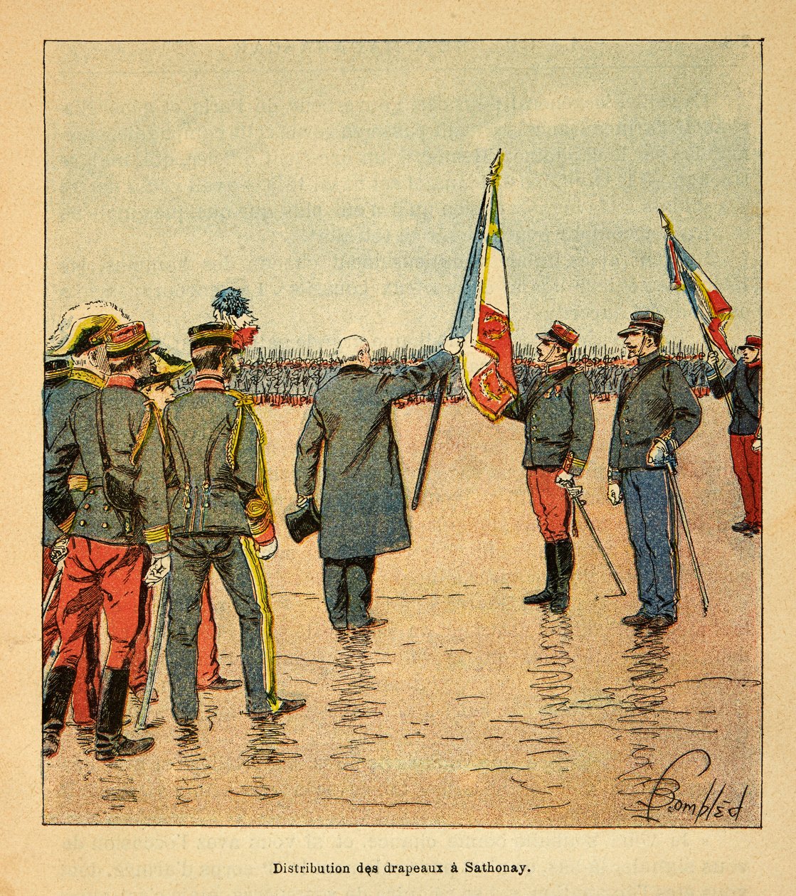 Madagaskarin sota - Ranskan sotaretkien historia 1885-1895, kirjoittanut Henri Galli dit Galllichet (1854-1922), kuvittanut Louis Bombled (1862-1927): Lippujen jakaminen Sathonayssa Madagaskariin vuonna 1895 lähteville joukoille vuonna 1895 esiteltynä. tekijältä Louis Charles Bombled
