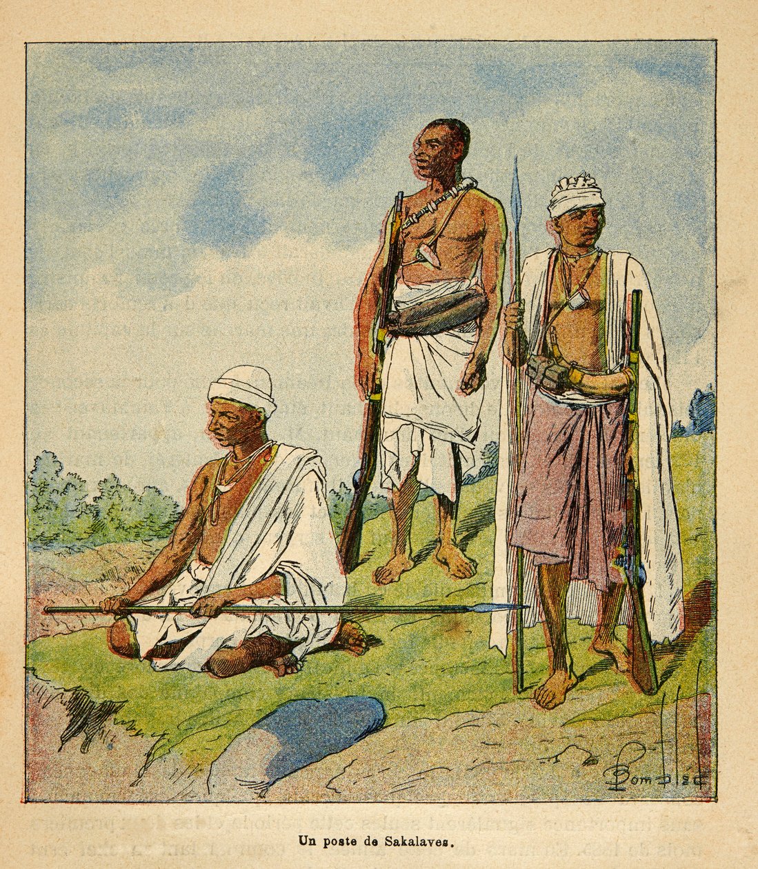 Madagaskarin sota - Henri Galli dit Galllichetin (1854-1922) ranskalaisten tutkimusmatkojen anekdoottinen historia vuosien 1885-1895, kuvittaja Louis Bombled (1862-1927): Soturi Sakalavas, yksityinen kokoelma tekijältä Louis Charles Bombled