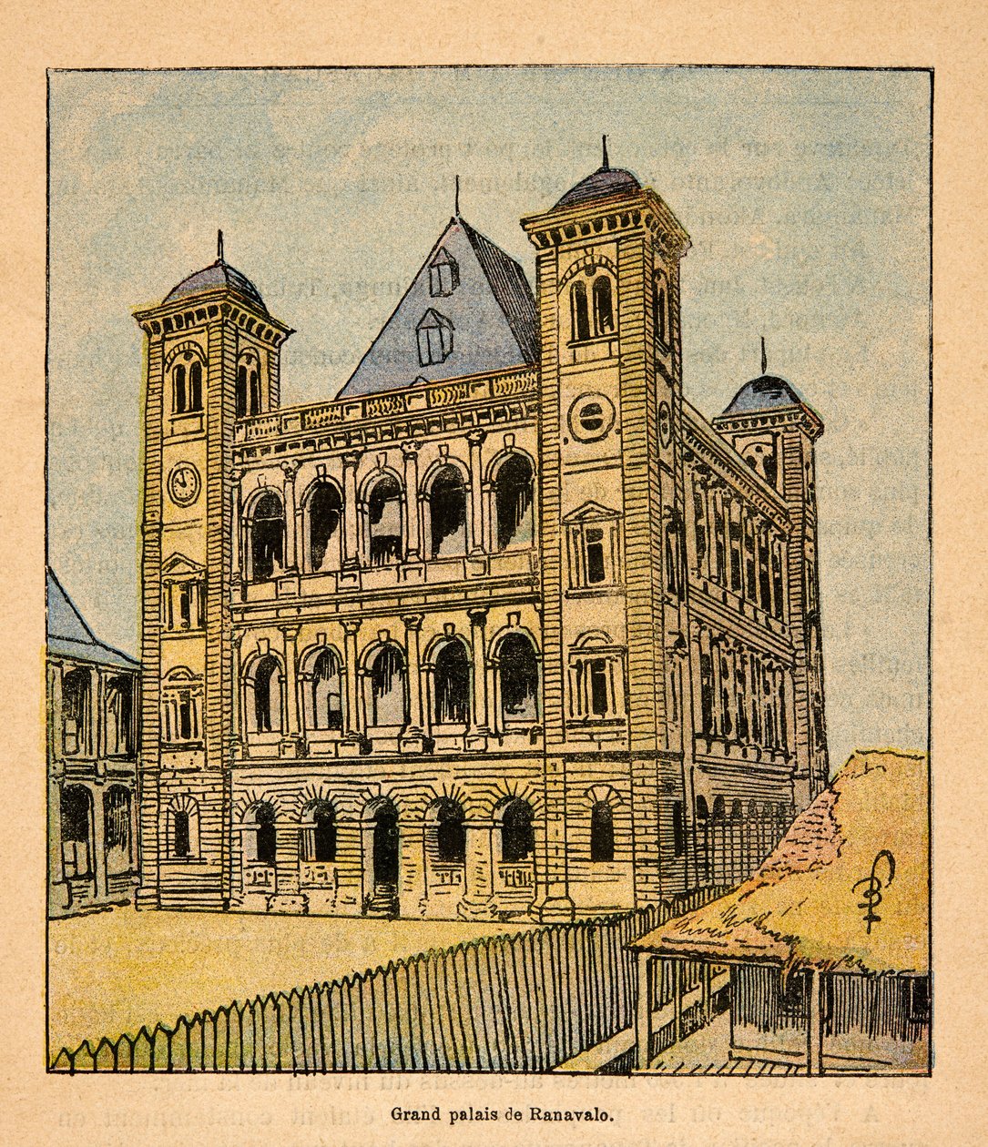 Madagaskarin sota - Henri Galli dit Galllichetin (1854-1922) ranskalaisten tutkimusretkien anekdoottinen historia, kuvittanut Louis Bombled (1862-1927): Kuningatar Ranavalona III:n suuri palatsi Tananarivessa, yksityinen kokoelma tekijältä Louis Charles Bombled