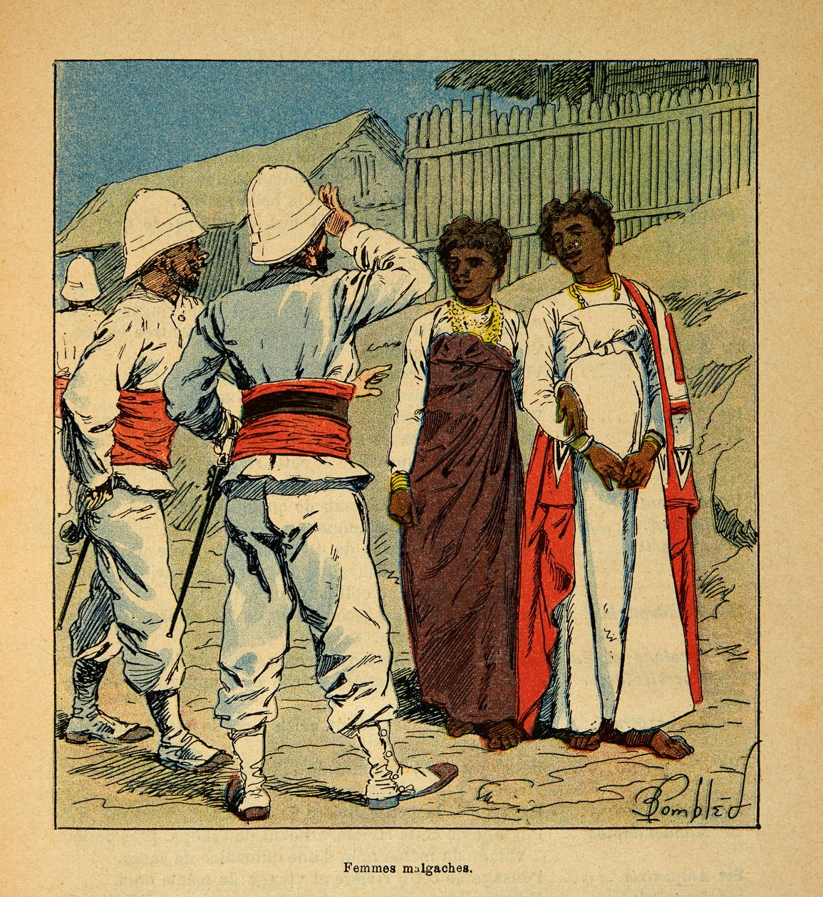 Madagaskarin sota - Henri Galli dit Galllichet (1854-1922) ranskalaisten retkikuntien anekdoottinen historia vuosien 1885-1895, kuvittaja Louis Bombled (1862-1927): Ranskalaiset sotilaat, jotka tuntevat myötätuntoa Madagaskarin naisia kohtaan, yksityinen k tekijältä Louis Charles Bombled