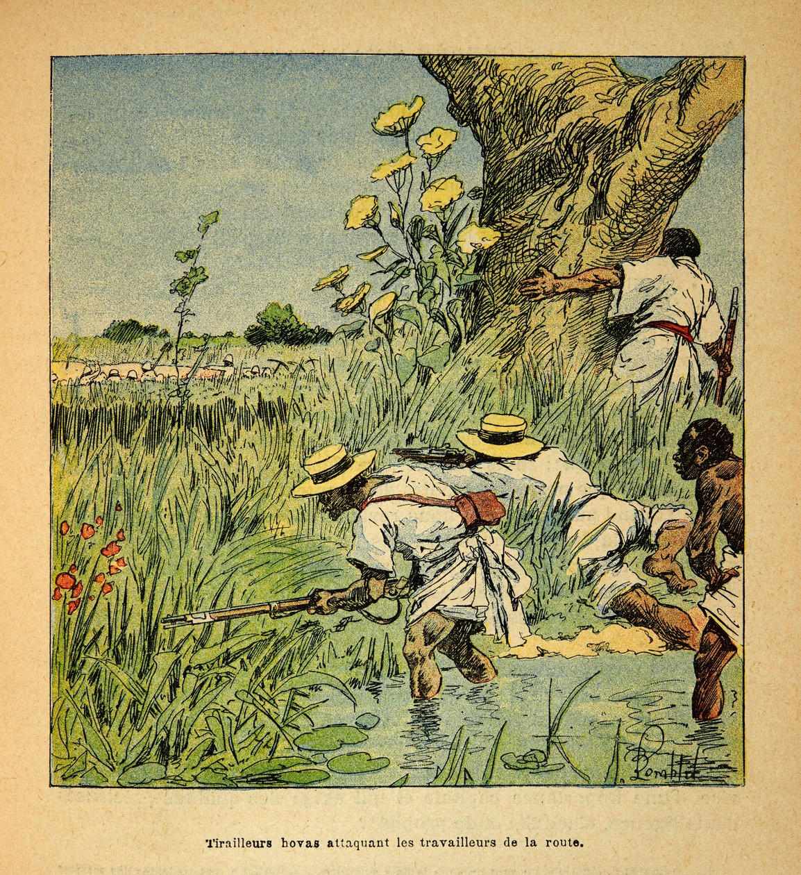 Madagaskarin sota - Henri Galli dit Galllichetin (1854-1922) ranskalaisten tutkimusretkien anekdoottinen historia, kuvittanut Louis Bombled (1862-1927): Hovas Tirailleurs hyökkäämässä armeijan tienrakennusta vastaan vuonna 1895, yksityinen kokoelma tekijältä Louis Charles Bombled