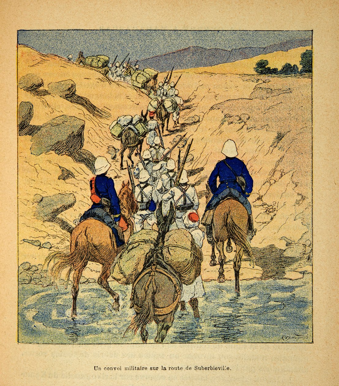 Madagaskarin sota - Henri Galli dit Galllichetin (1854-1922) ranskalaisten tutkimusretkien anekdoottinen historia, kuvittanut Louis Bombled (1862-1927): sotilassaattue matkalla Suberbievilleen vuonna 1895, yksityinen kokoelma tekijältä Louis Charles Bombled