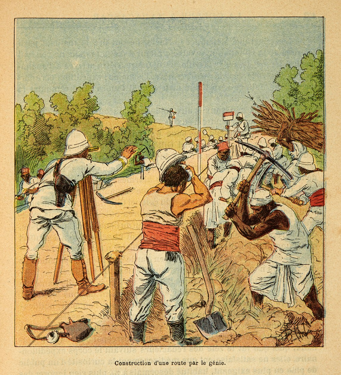Madagaskarin sota - Henri Galli dit Galllichetin (1854-1922) ranskalaisten tutkimusretkien anekdoottinen historia, kuvittaja Louis Bombled (1862-1927): Genien tien rakentaminen Madagaskarille vuonna 1895, yksityinen kokoelma tekijältä Louis Charles Bombled