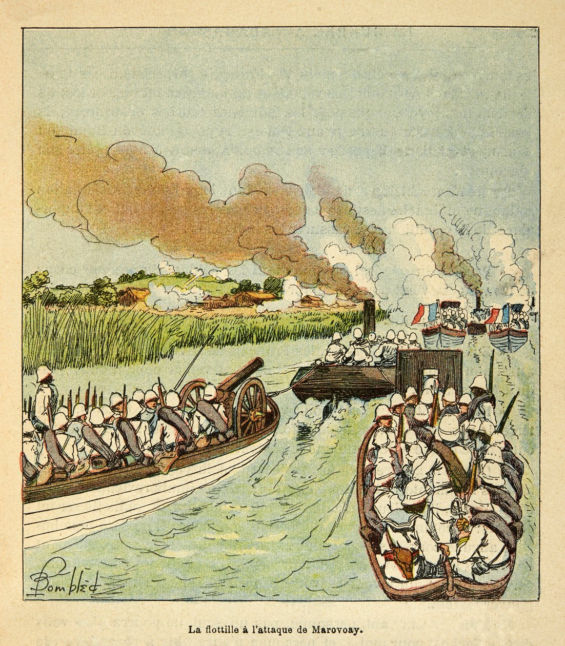 Madagaskarin sota - Henri Galli dit Galllichetin (1854-1922) ranskalaisten tutkimusretkien anekdoottinen historia, kuvittanut Louis Bombled (1862-1927): Merijalkaväki hyökkäsi Marovoayn kaupunkiin vuonna 1895, yksityinen kokoelma tekijältä Louis Charles Bombled