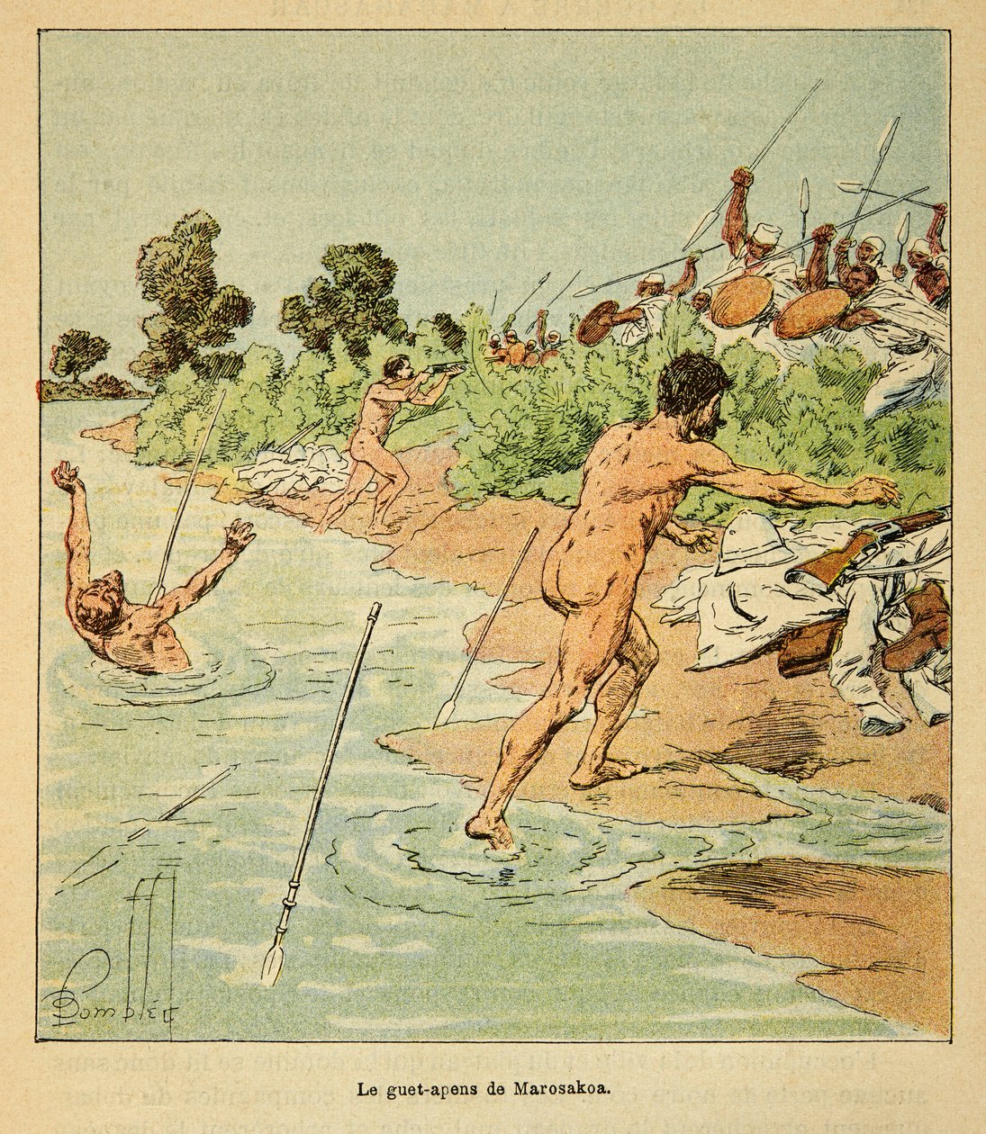 Madagaskarin sota - Ranskan sotaretkien historia 1885-1895, kirjoittanut Henri Galli dit Galllichet (1854-1922), kuvittanut Louis Bombled (1862-1927): Sakalavesit hyökkäävät ranskalaisten neuvottelijoiden kimppuun Marosakossa vuonna 1895, yksityiskokoelma. tekijältä Louis Charles Bombled