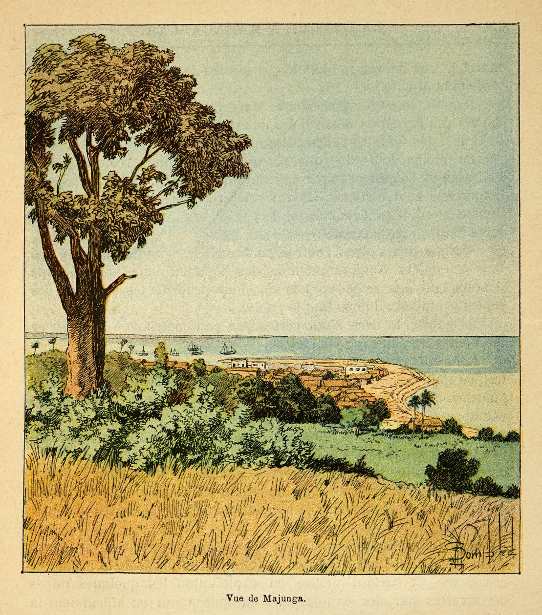 Madagaskarin sota - Ranskan sotaretkien historia 1885-1895, kirjoittanut Henri Galli dit Galllichet (1854-1922), kuvittanut Louis Bombled (1862-1927): Näkymä Majungan kaupungista 1800-luvun Sieclen aikaan, yksityiskokoelma. tekijältä Louis Charles Bombled