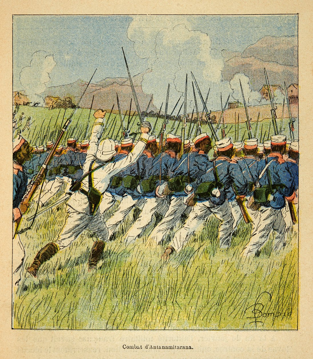 Madagaskarin sota - Henri Galli dit Galllichet (1854-1922) ranskalaisten tutkimusretkien anekdoottinen historia, kuvittanut Louis Bombled (1862-1927): Ranskan joukot Antanamitaranan taistelujen aikana vuonna 1895, yksityinen kokoelma tekijältä Louis Charles Bombled