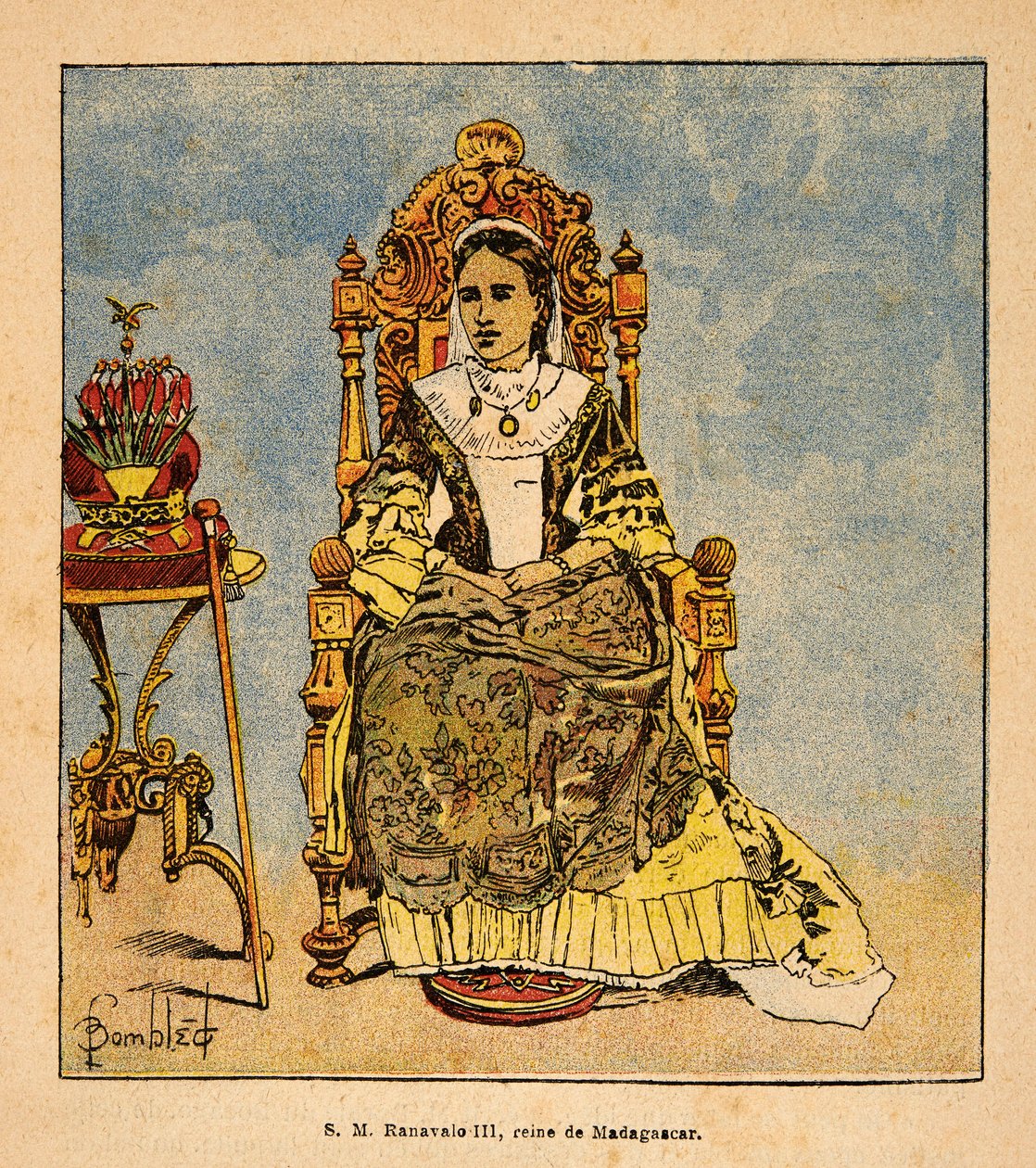 Madagaskarin sota - Henri Galli dit Galllichet (1854-1922) ranskalaisten tutkimusretkien anekdoottinen historia, kuvittanut Louis Bombled (1862-1927): Kuningatar Ranavalona III:n (1861-1917) muotokuva Madagascarin kuningattaresta Yksityinen kokoelma tekijältä Louis Charles Bombled