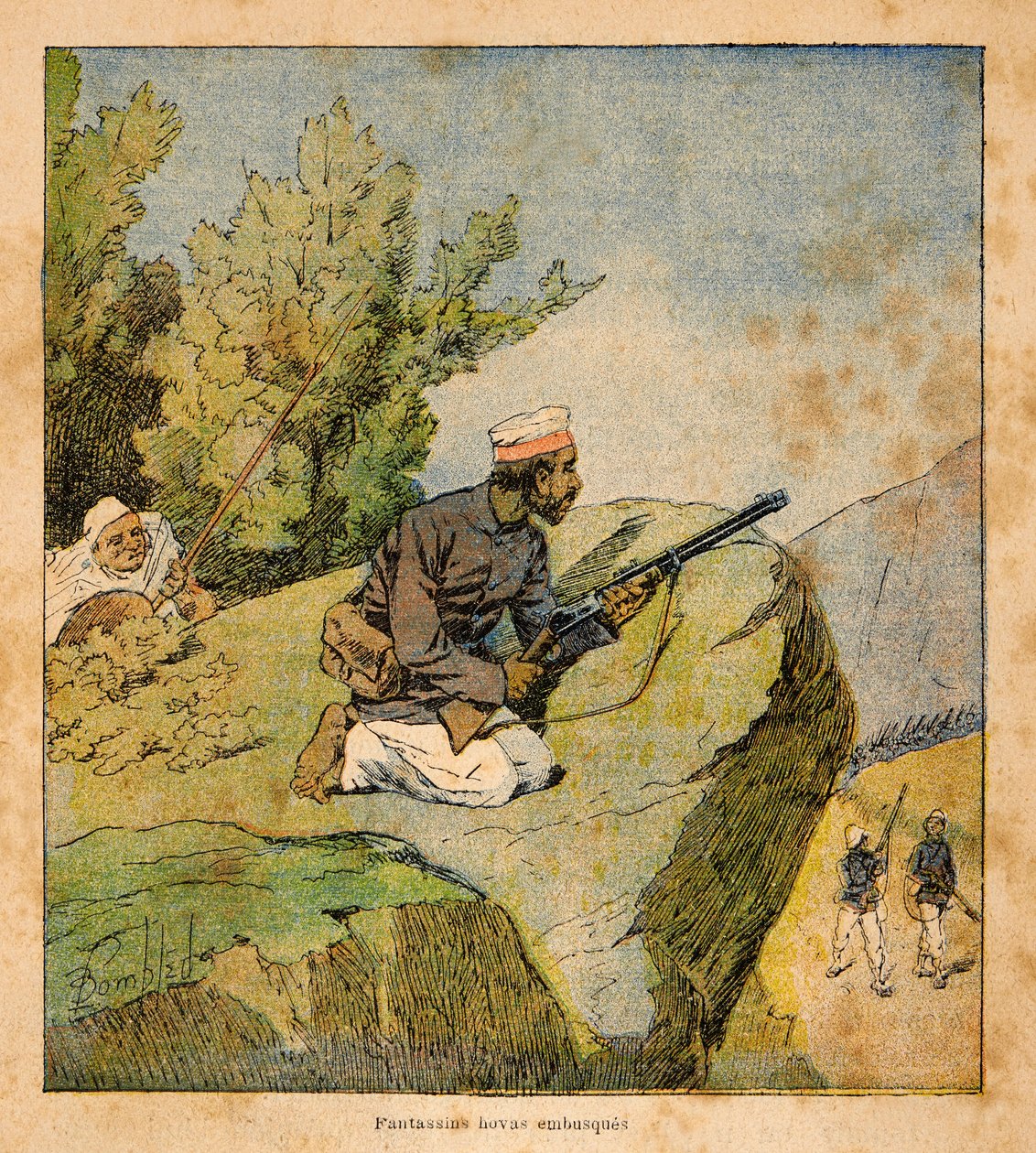 Madagaskarin sota - Henri Galli dit Galllichetin (1854-1922) ranskalaisten tutkimusmatkojen anekdoottinen historia vuosien 1885-1895, kuvittaja Louis Bombled (1862-1927): Hovas-väijytyksiä, yksityinen kokoelma tekijältä Louis Charles Bombled
