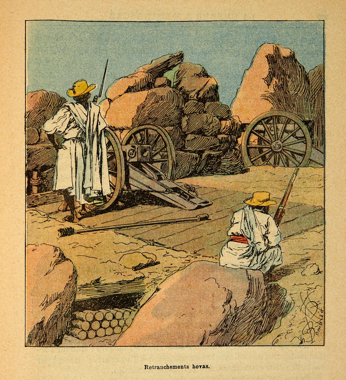 Madagaskarin sota - Henri Galli dit Galllichetin (1854-1922) ranskalaisten tutkimusretkien anekdoottinen historia, kuvannut Louis Bombled (1862-1927): Hovas-joukkojen supistaminen vuonna 1895 Tananarivessa, yksityinen kokoelma tekijältä Louis Charles Bombled