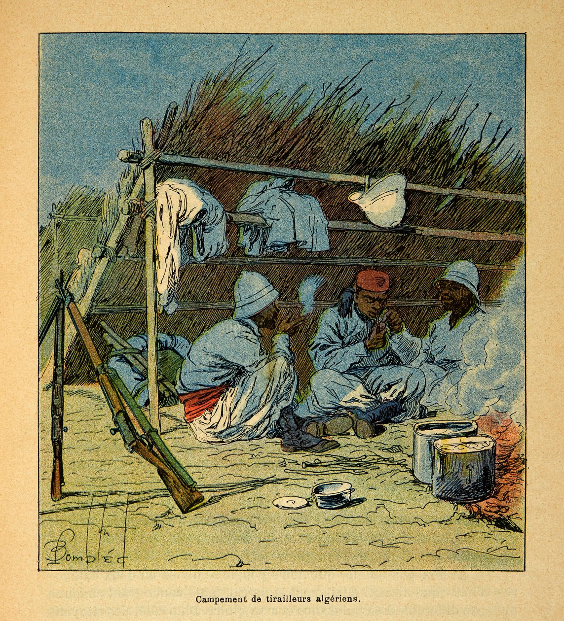 Madagaskarin sota - Henri Galli dit Galllichetin (1854-1922) ranskalaisten tutkimusmatkojen anekdoottinen historia, kuvittanut Louis Bombled (1862-1927): Algerialaisten leiri Madagaskarilla vuonna 1895, yksityinen kokoelma tekijältä Louis Charles Bombled