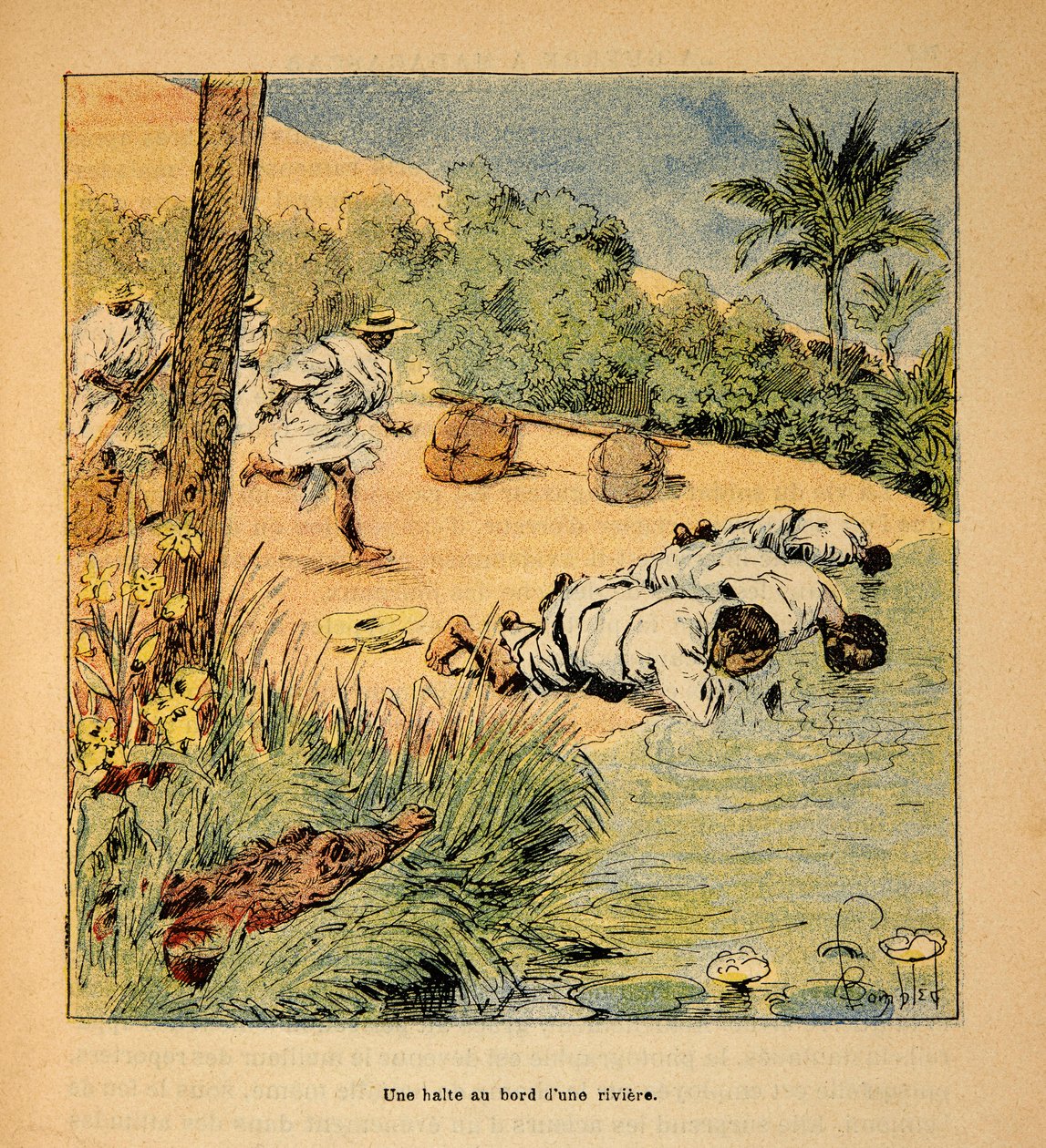 Madagaskarin sota - Henri Galli dit Galllichetin (1854-1922) ranskalaisten tutkimusmatkojen anekdoottinen historia, kuvittanut Louis Bombled (1862-1927): Pysähdys joen rannalla vuonna 1895, yksityinen kokoelma tekijältä Louis Charles Bombled