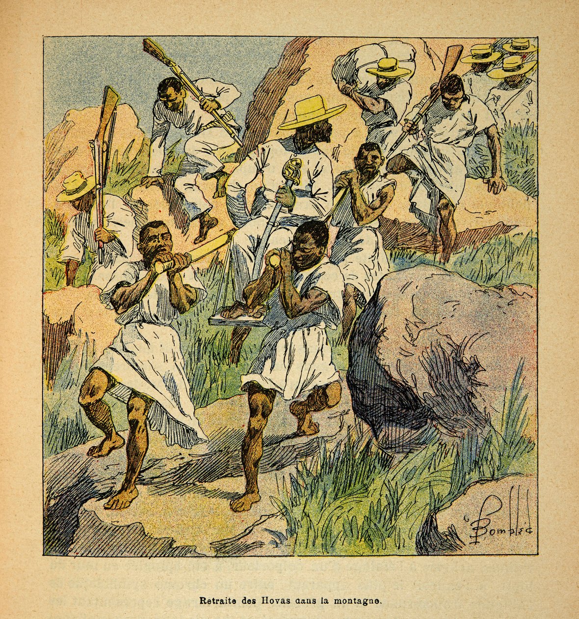 Madagaskarin sota - Henri Galli dit Galllichet (1854-1922) ranskalaisten tutkimusretkien anekdoottinen historia, kuvittanut Louis Bombled (1862-1927): Hovas-joukkojen vetäytyminen vuorilla, yksityinen kokoelma tekijältä Louis Charles Bombled
