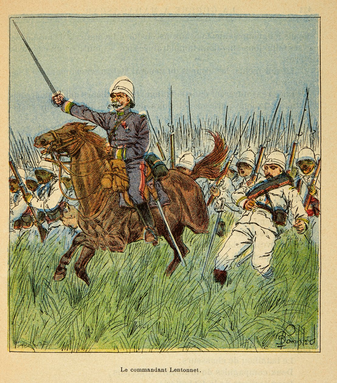 Madagaskarin sota - Henri Galli dit Galllichet (1854-1922) ranskalaisten tutkimusretkien anekdoottinen historia, kuvittaja Louis Bombled (1862-1927): Komentaja Lentonnet (1840-1896) ranskalaisten joukkojen kanssa Tsarasaotran puolustaminen tekijältä Louis Charles Bombled