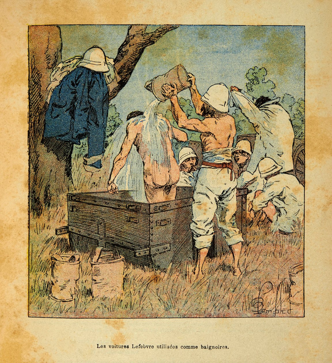 Madagaskarin sota - Henri Galli dit Galllichet (1854-1922) ranskalaisten tutkimusretkien anekdoottinen historia, kuvannut Louis Bombled (1862-1927): Lefebvre-autot, joita sotilaat käyttivät kylpyammeena vuonna 1895 Madagaskarilla, Yksityinen kokoelma tekijältä Louis Charles Bombled