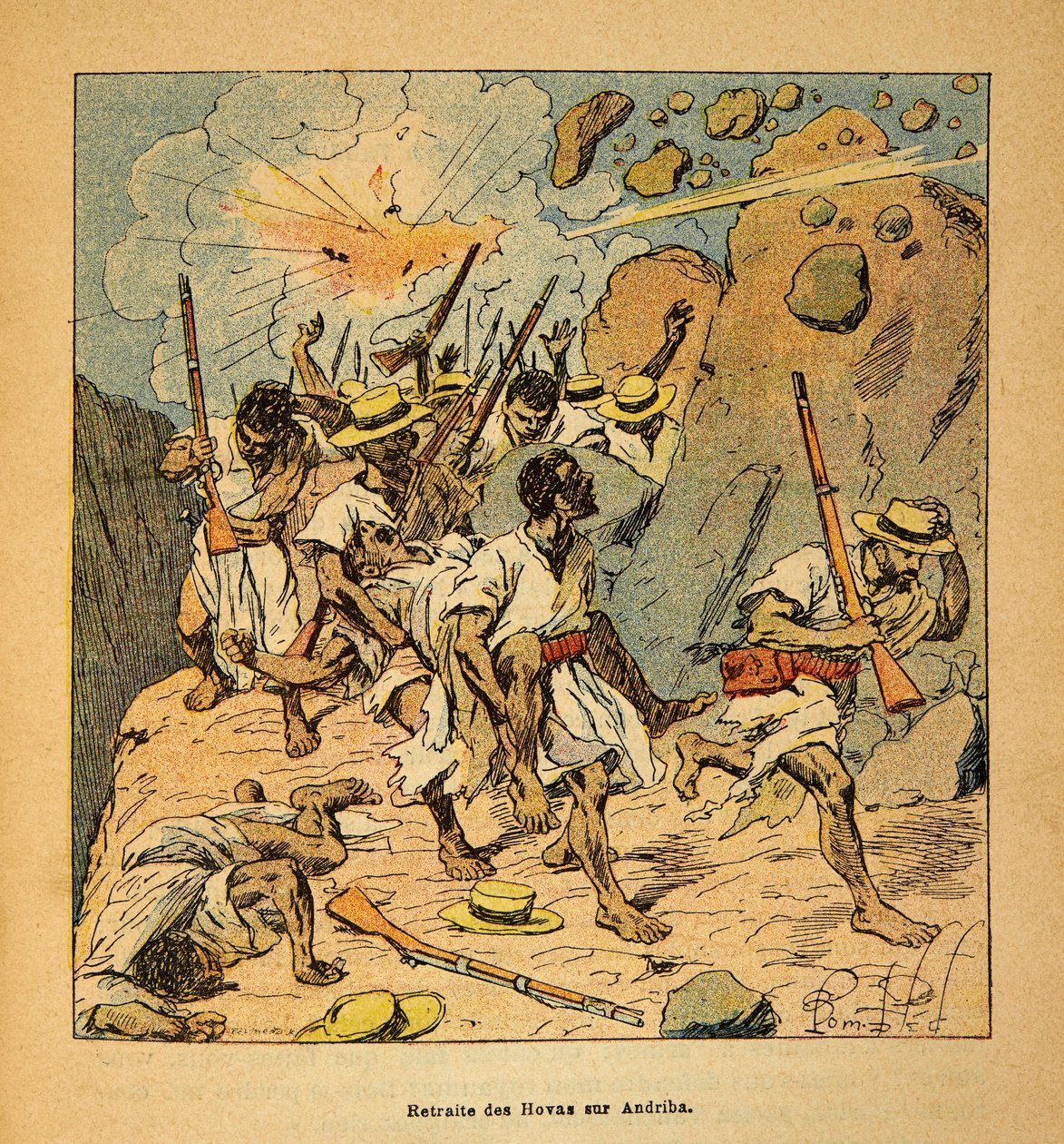Madagaskarin sota - Henri Galli dit Galllichetin (1854-1922) ranskalaisten tutkimusretkien anekdoottinen historia vuosina 1885-1895, kuvittanut Louis Bombled (1862-1927): Yksityiskokoelma tekijältä Louis Charles Bombled