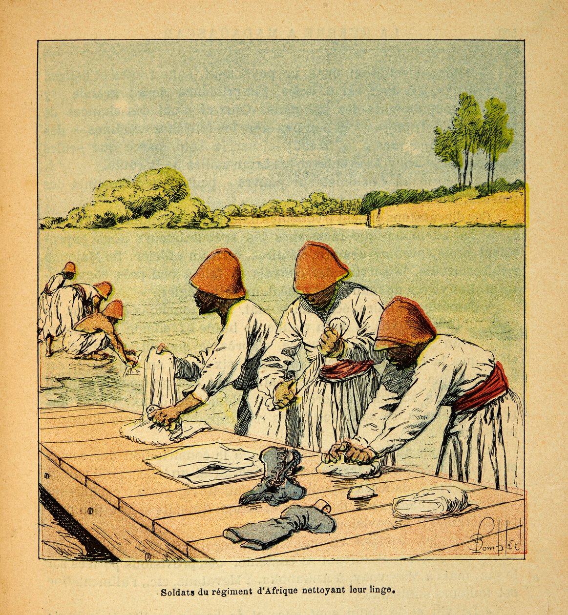 Madagaskarin sota - Henri Galli dit Galllichetin (1854-1922) ranskalaisten tutkimusmatkojen anekdoottinen historia, kuvannut Louis Bombled (1862-1927): Afrikkalaisen rykmentin sotilaat puhdistamassa pyykkiään joen rannalla Madagascalla tekijältä Louis Charles Bombled
