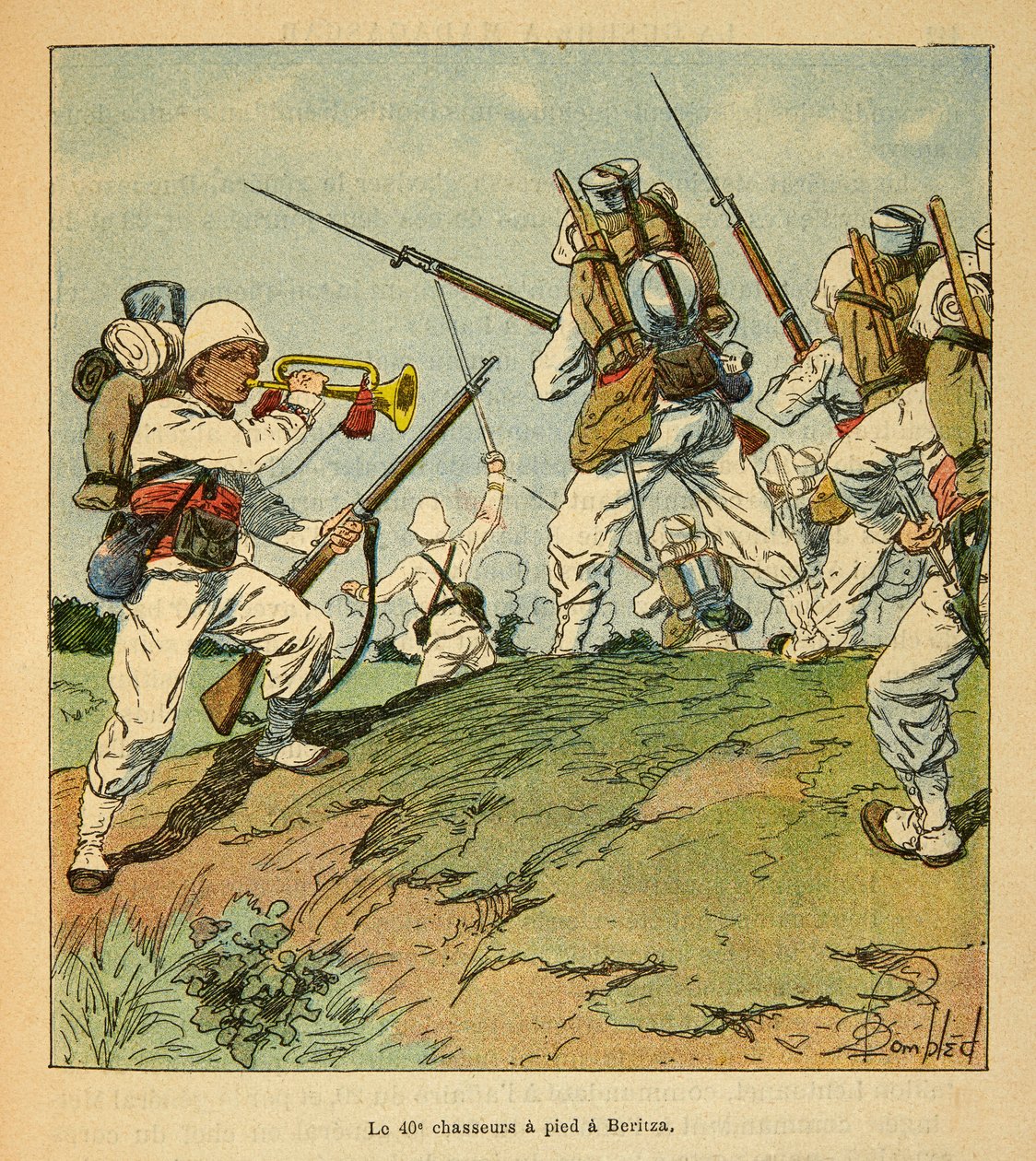 Madagaskarin sota - Henri Galli dit Galllichet (1854-1922) ranskalaisten tutkimusretkien anekdoottinen historia, kuvittanut Louis Bombled (1862-1927): 40. metsästäjät jalkaisin Beritzan taistelujen aikana vuonna 1895, Private Kokoelma tekijältä Louis Charles Bombled