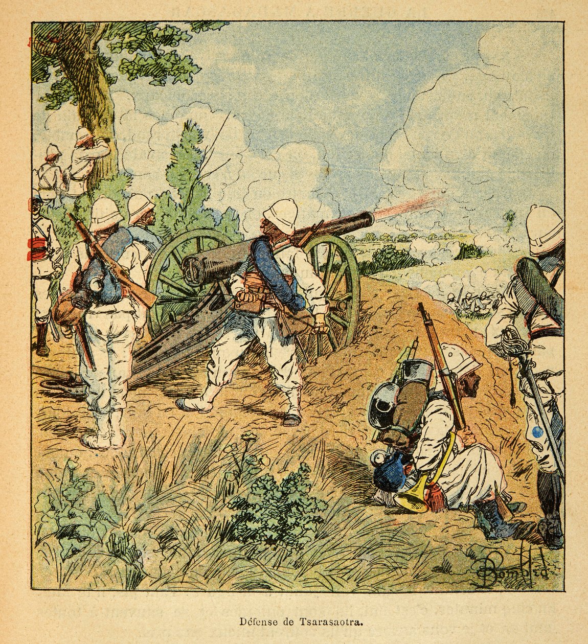 Madagaskarin sota - Henri Galli dit Galllichetin (1854-1922) ranskalaisten tutkimusretkien anekdoottinen historia, kuvittanut Louis Bombled (1862-1927): Tsarasaotran puolustus vuonna 1895, yksityinen kokoelma tekijältä Louis Charles Bombled