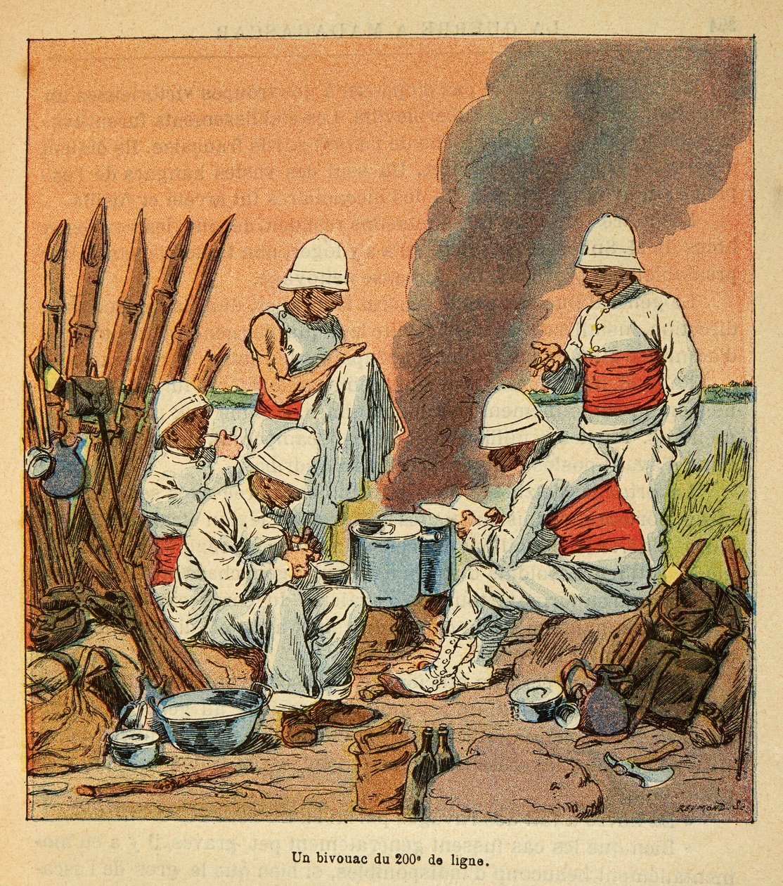 Madagaskarin sota - Henri Galli dit Galllichet (1854-1922) ranskalaisten tutkimusretkien anekdoottinen historia, kuvittanut Louis Bombled (1862-1927): 200. rivin bivouakki Madagaskarilla vuonna 1895, yksityinen kokoelma tekijältä Louis Charles Bombled