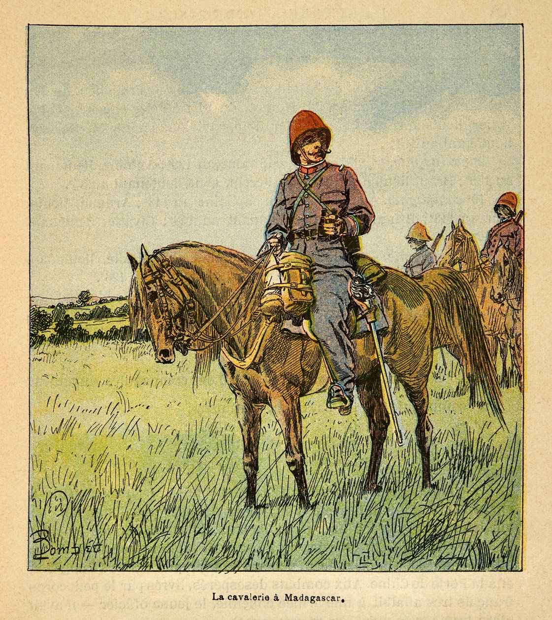 Madagaskarin sota - Henri Galli dit Galllichet (1854-1922) ranskalaisten tutkimusretkien anekdoottinen historia, kuvittanut Louis Bombled (1862-1927): La cavalerie francaise à Madagascar, kokoelma osittainen tekijältä Louis Charles Bombled