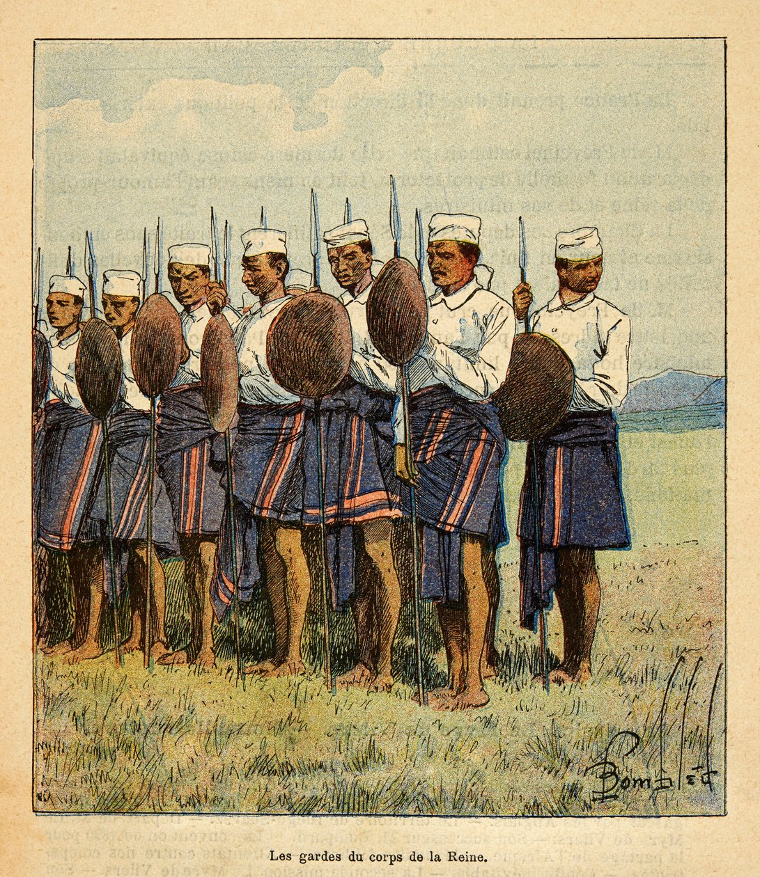 Madagaskarin sota - Henri Galli dit Galllichetin (1854-1922) ranskalaisten tutkimusretkien anekdoottinen historia, kuvittaja Louis Bombled (1862-1927): Kuningatar Ranavalonan vartijat, yksityinen kokoelma tekijältä Louis Charles Bombled