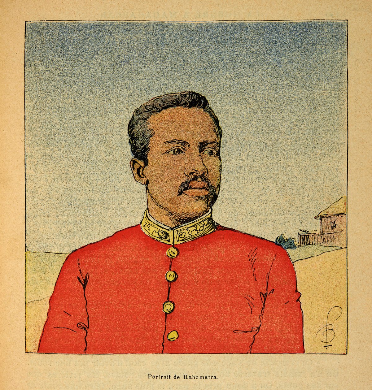 Madagaskarin sota - Henri Galli dit Galllichetin (1854-1922) ranskalaisten tutkimusretkien anekdoottinen historia vuosien 1885-1895, kuvittaja Louis Bombled (1862-1927): Prinssi Ramahatran muotokuva, yksityinen kokoelma tekijältä Louis Charles Bombled