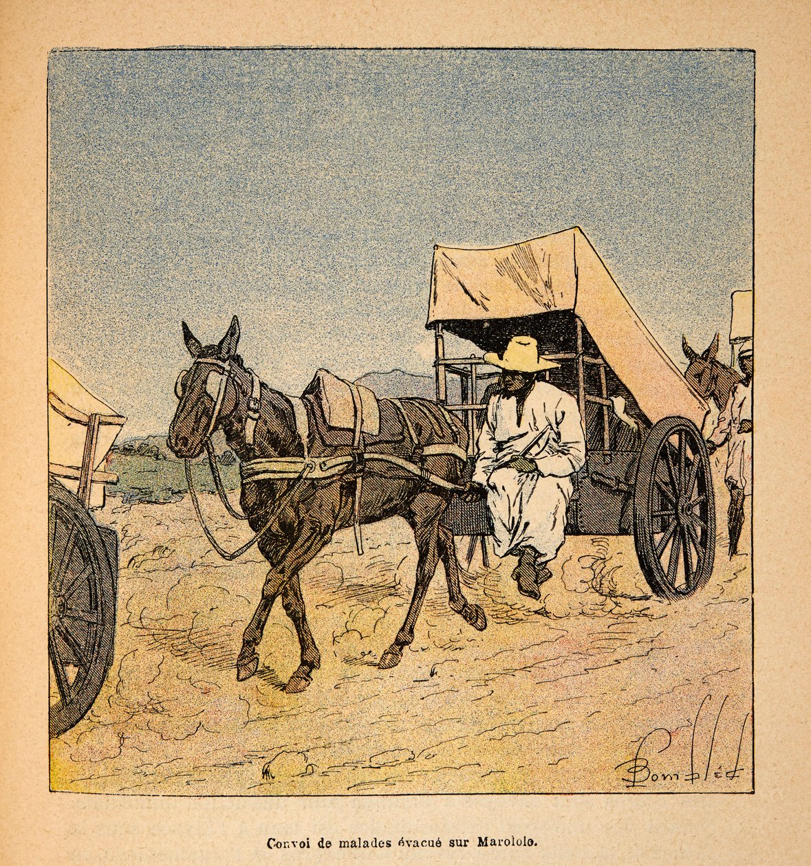 Madagaskarin sota - Henri Galli dit Galllichetin (1854-1922) ranskalaisten tutkimusretkien anekdoottinen historia, kuvittaja Louis Bombled (1862-1927): Sairaiden pakolaisten saattue Marololossa, yksityinen kokoelma tekijältä Louis Charles Bombled