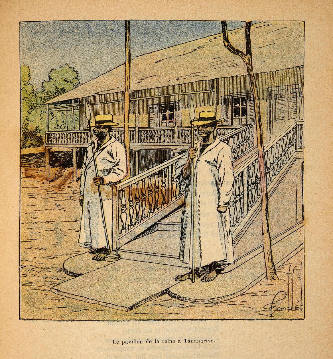 Madagaskarin sota - Henri Galli dit Galllichetin (1854-1922) ranskalaisten tutkimusmatkojen anekdoottinen historia, kuvittanut Louis Bombled (1862-1927): Kuningatar Ranavalonan paviljonki Tananarivessa vuonna 1895, yksityinen kokoelma tekijältä Louis Charles Bombled