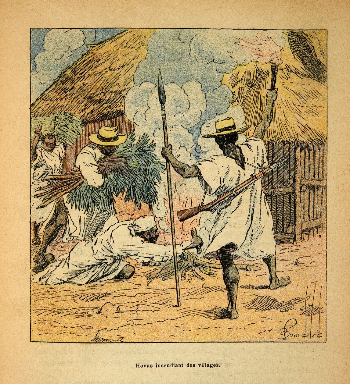 Madagaskarin sota - Henri Galli dit Galllichetin (1854-1922) ranskalaisten tutkimusretkien anekdoottinen historia, kuvittaja Louis Bombled (1862-1927): Hovasin palavia kyliä, yksityinen kokoelma tekijältä Louis Charles Bombled