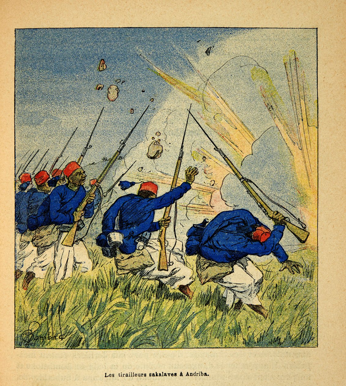 Madagaskarin sota - Henri Galli dit Galllichetin (1854-1922) ranskalaisten tutkimusretkien anekdoottinen historia vuosina 1885-1895, kuvittanut Louis Bombled (1862-1927): Yksityiskokoelma tekijältä Louis Charles Bombled