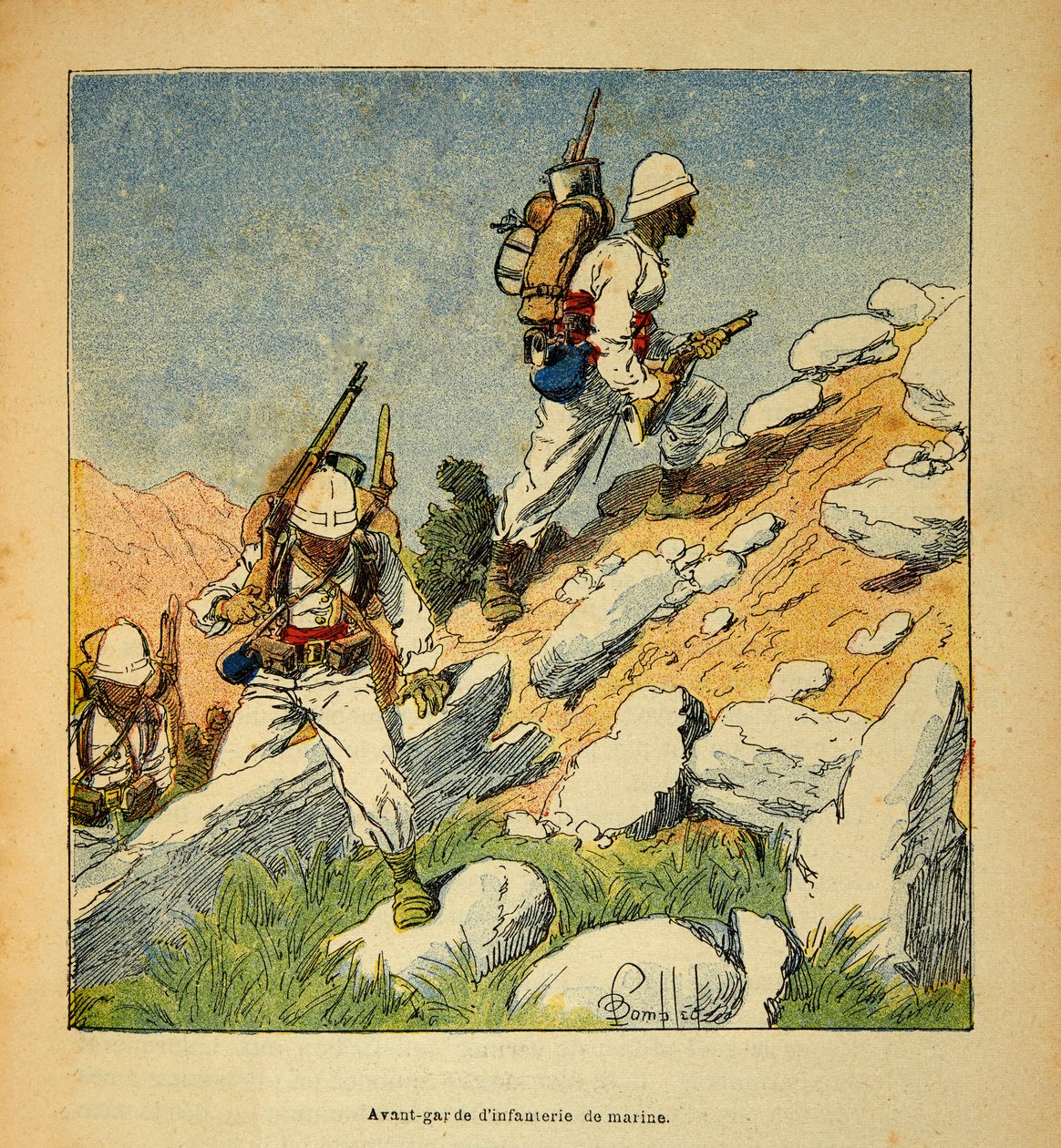 Madagaskarin sota - Henri Galli dit Galllichetin (1854-1922) ranskalaisten tutkimusretkien anekdoottinen historia, kuvittanut Louis Bombled (1862-1927): Jalkaväen avantgarde Madagaskarilla vuonna 1895, yksityinen kokoelma tekijältä Louis Charles Bombled
