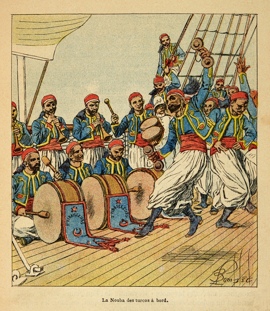 Madagaskarin sota - Henri Galli dit Galllichet (1854-1922) ranskalaisten tutkimusmatkojen anekdoottinen historia, kuvittanut Louis Bombled (1862-1927): Yhdeksän turkkilaista laivalla, jotka purjehtivat Madagaskarille, yksityinen kokoelma tekijältä Louis Charles Bombled