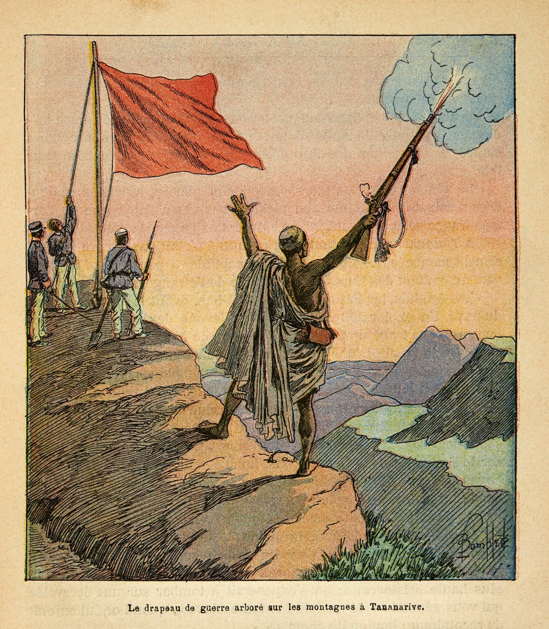 Madagaskarin sota - Henri Galli dit Galllichet (1854-1922) ranskalaisten tutkimusretkien anekdoottinen historia, kuvittanut Louis Bombled (1862-1927): Madagaskarin punaisen sodan lipputehdas Tananariven vuoristossa, yksityinen kokoelma tekijältä Louis Charles Bombled