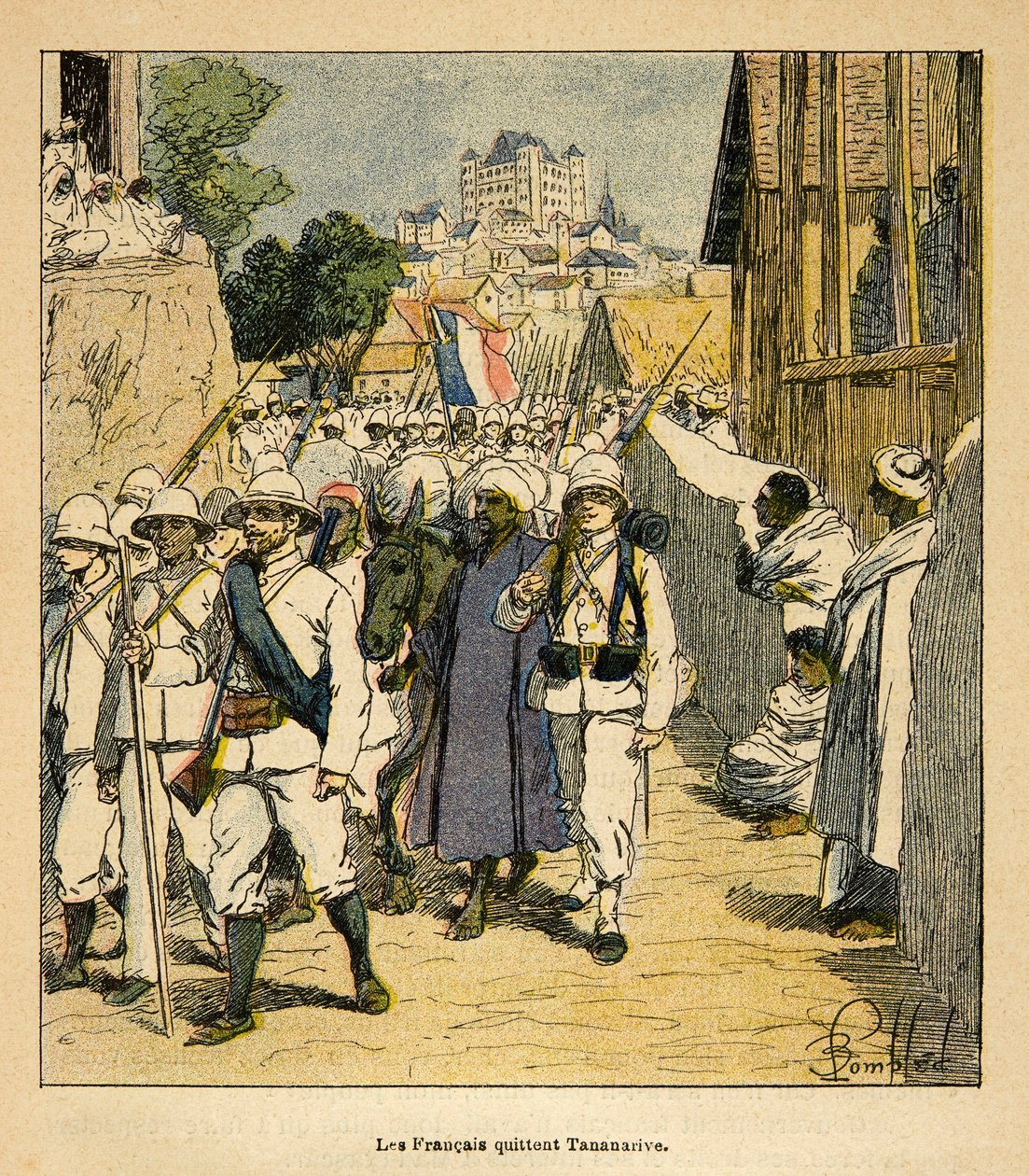 Madagaskarin sota - Henri Galli dit Galllichetin (1854-1922) ranskalaisten tutkimusretkien anekdoottinen historia vuosina 1885-1895, kuvittanut Louis Bombled (1862-1927): Yksityiskokoelma tekijältä Louis Charles Bombled