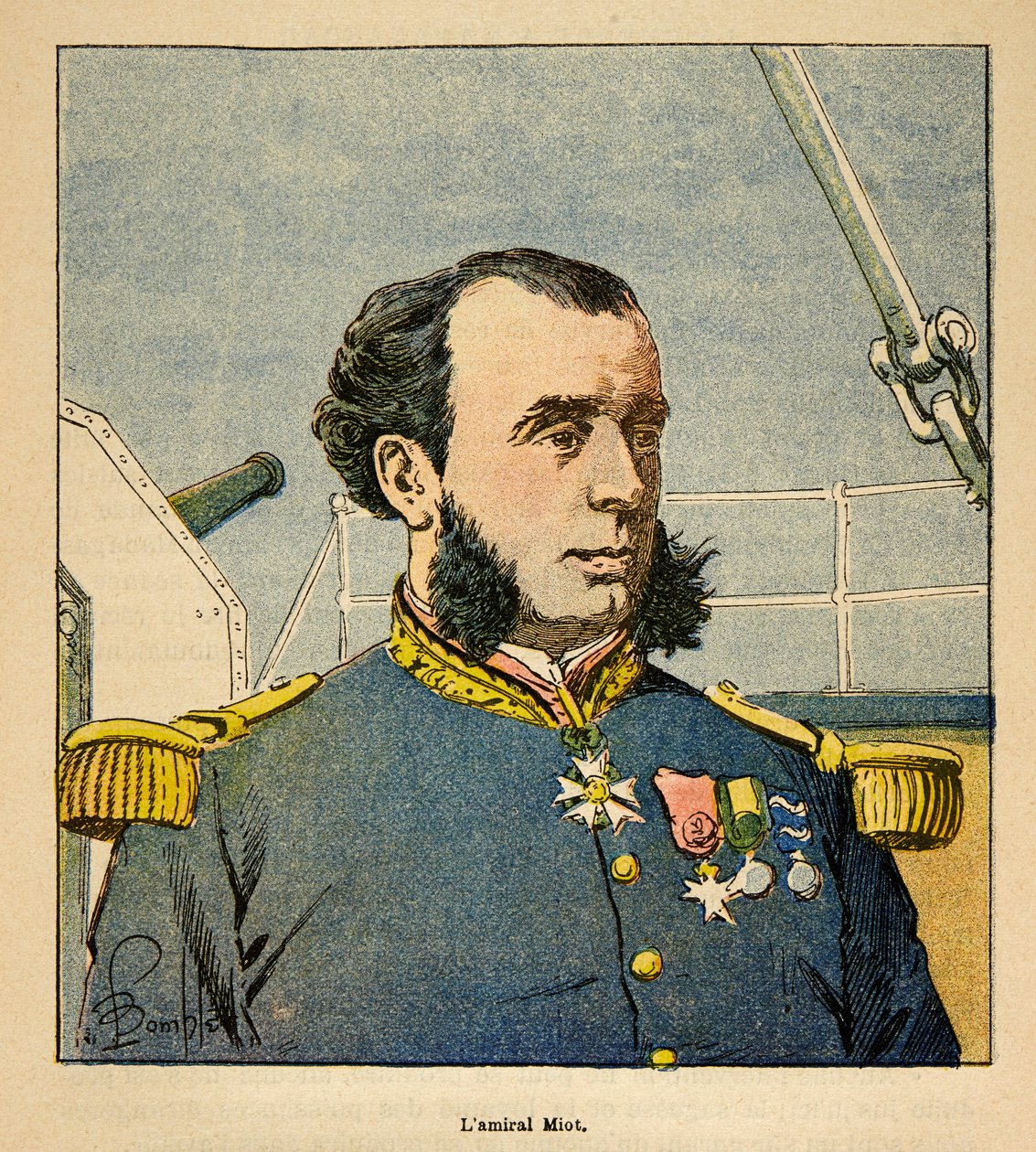 Madagaskarin sota - Henri Galli dit Galllichetin (1854-1922) ranskalaisten tutkimusretkien anekdoottinen historia, kuvittanut Louis Bombled (1862-1927): Amiraali Paul Emile Miotin (1827-1900) muotokuva, yksityinen kokoelma tekijältä Louis Charles Bombled