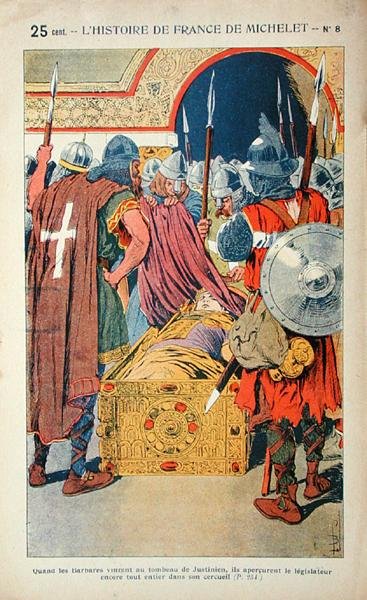 Keisari Justinianuksen (483-565) muumioituneen ruumiin löytö, kun ristiretkeläiset valtasivat Konstantinopolin vuonna 1204, kuvitus Jules Michelet
