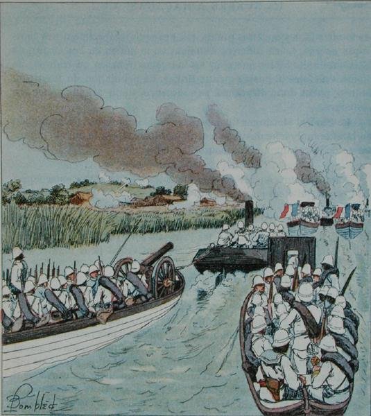 Laivuehyökkäys Marovoaylle Madagaskarissa H. Gallin teoksesta "La Guerre a Madagascar" tekijältä Louis Charles Bombled