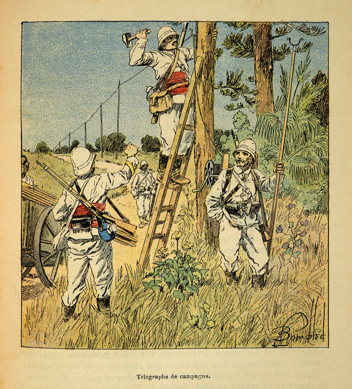 Madagaskarin sota - Henri Galli dit Galllichetin (1854-1922) ranskalaisten retkikuntien vuosien 1885-1895 anekdoottinen historia, kuvannut Louis Bombled (1862-1927): Armeijan kampanjalennätin toteuttaa Madagaskarilla vuonna 1895, yksityinen coll tekijältä Louis Charles Bombled