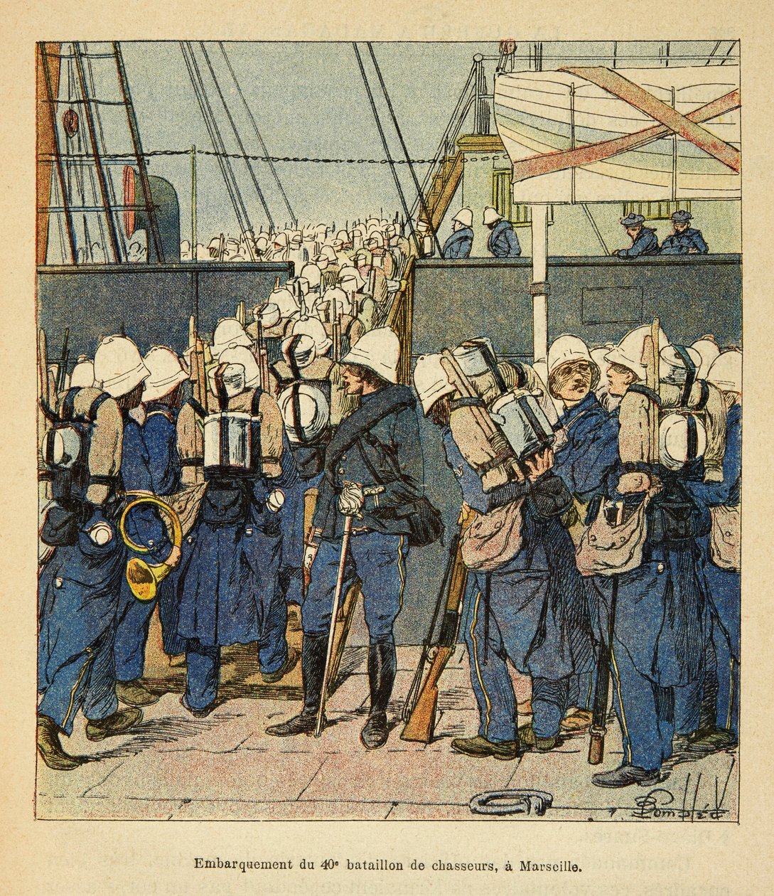 Madagaskarin sota - Henri Galli dit Galllichetin (1854-1922) ranskalaisten retkien 1885-1895 anekdoottinen historia, kuvannut Louis Bombled (1862-1927): 40. hävittäjäpataljoonan nousu Marseillessa Madasgascarille, Private1895 college tekijältä Louis Charles Bombled