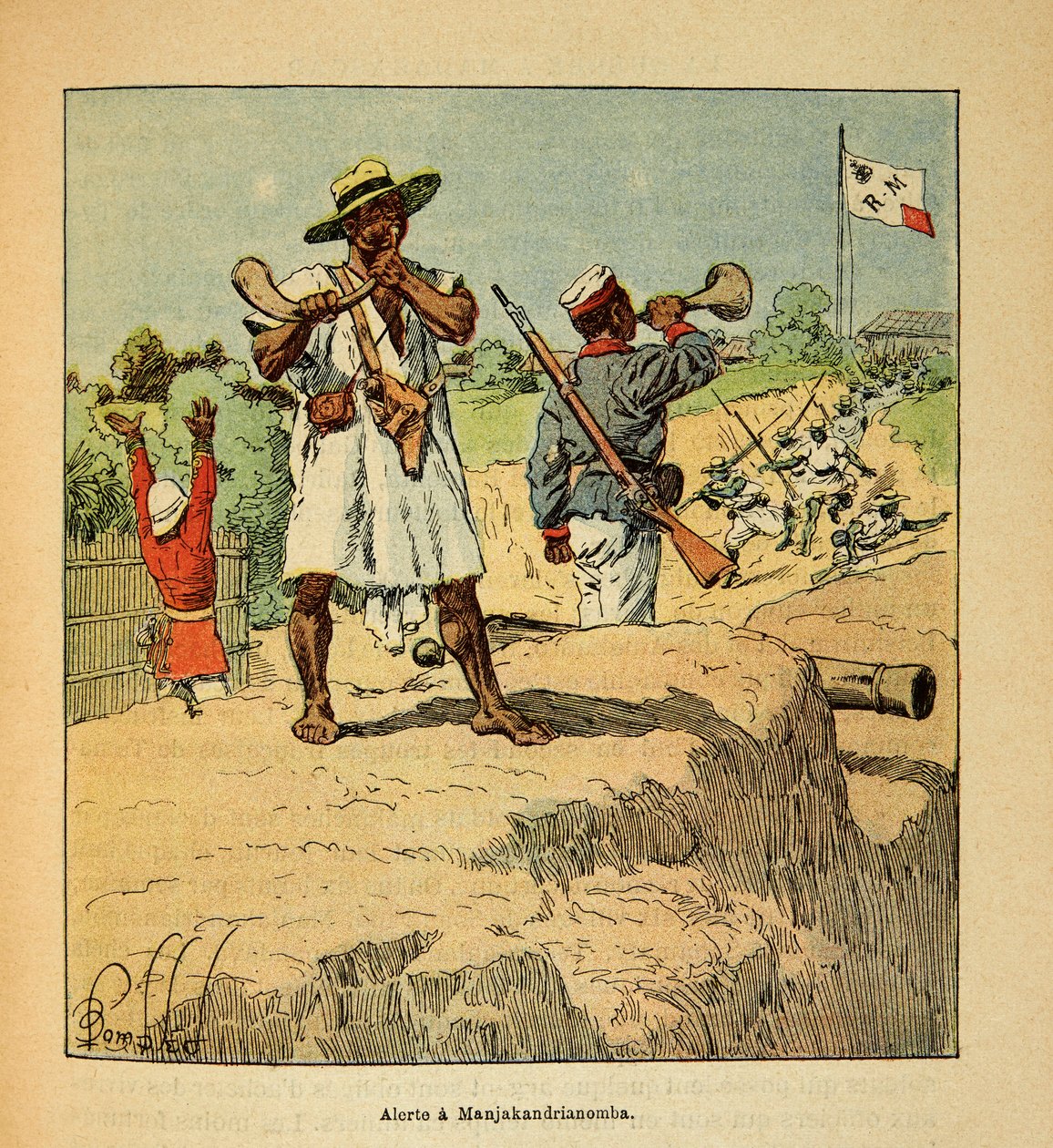 Madagaskarin sota - Henri Galli dit Galllichetin (1854-1922) ranskalaisten retkien vuosien 1885-1895 anekdoottinen historia, kuvannut Louis Bombled (1862-1927): Madagaskarin joukot valmiudessa Manjakandrianombassa ranskalaisten joukkojen saapuessa1895 , Pr tekijältä Louis Charles Bombled
