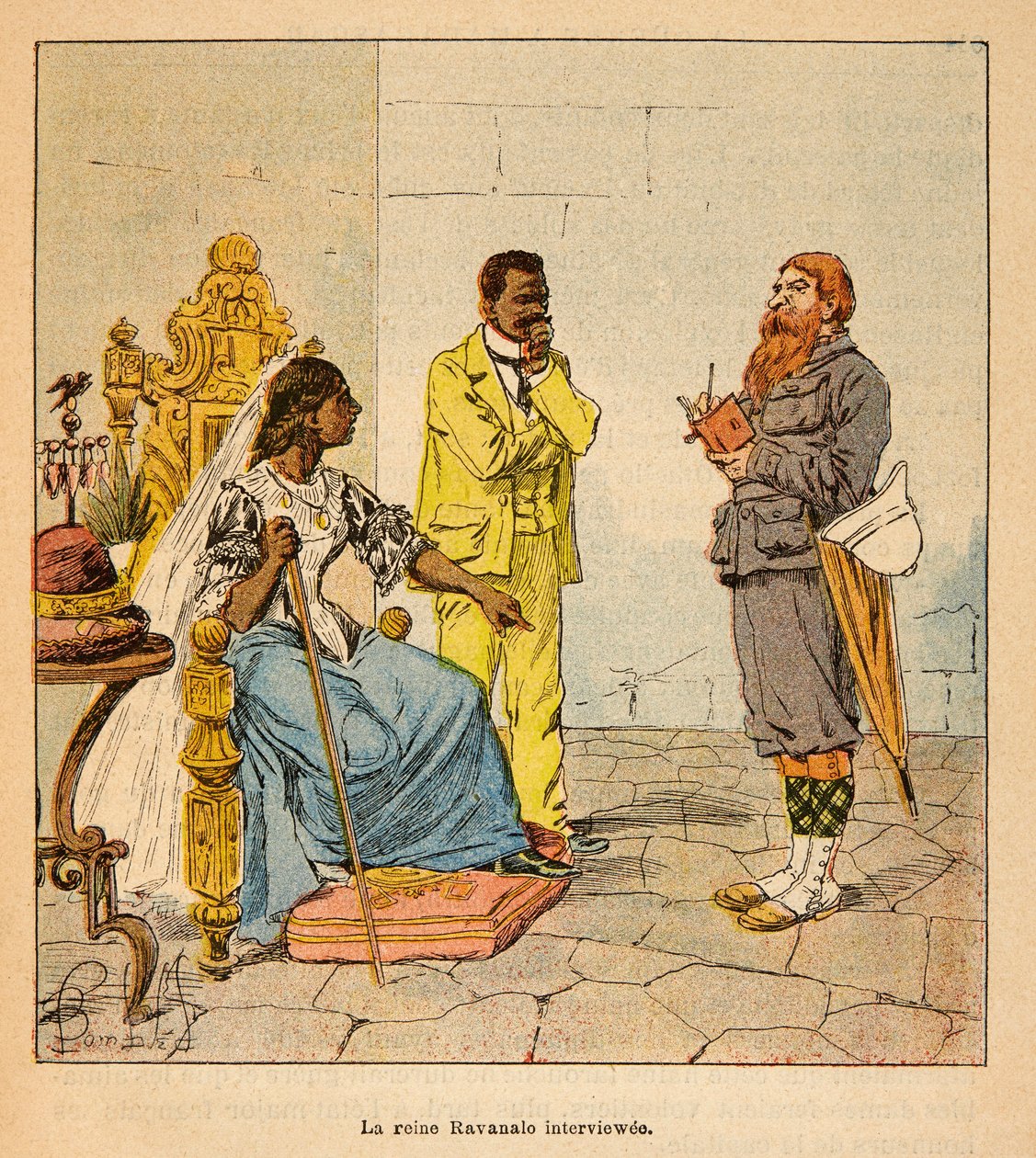 Madagaskarin sota - Henri Galli dit Galllichetin (1854-1922) ranskalaisten retkikuntien vuosien 1885-1895 anekdoottinen historia, kuvittanut Louis Bombled (1862-1927): englantilainen toimittaja haastatteli kuningatar Ravanaloa vuonna 1895 hänen parhaansa l tekijältä Louis Charles Bombled